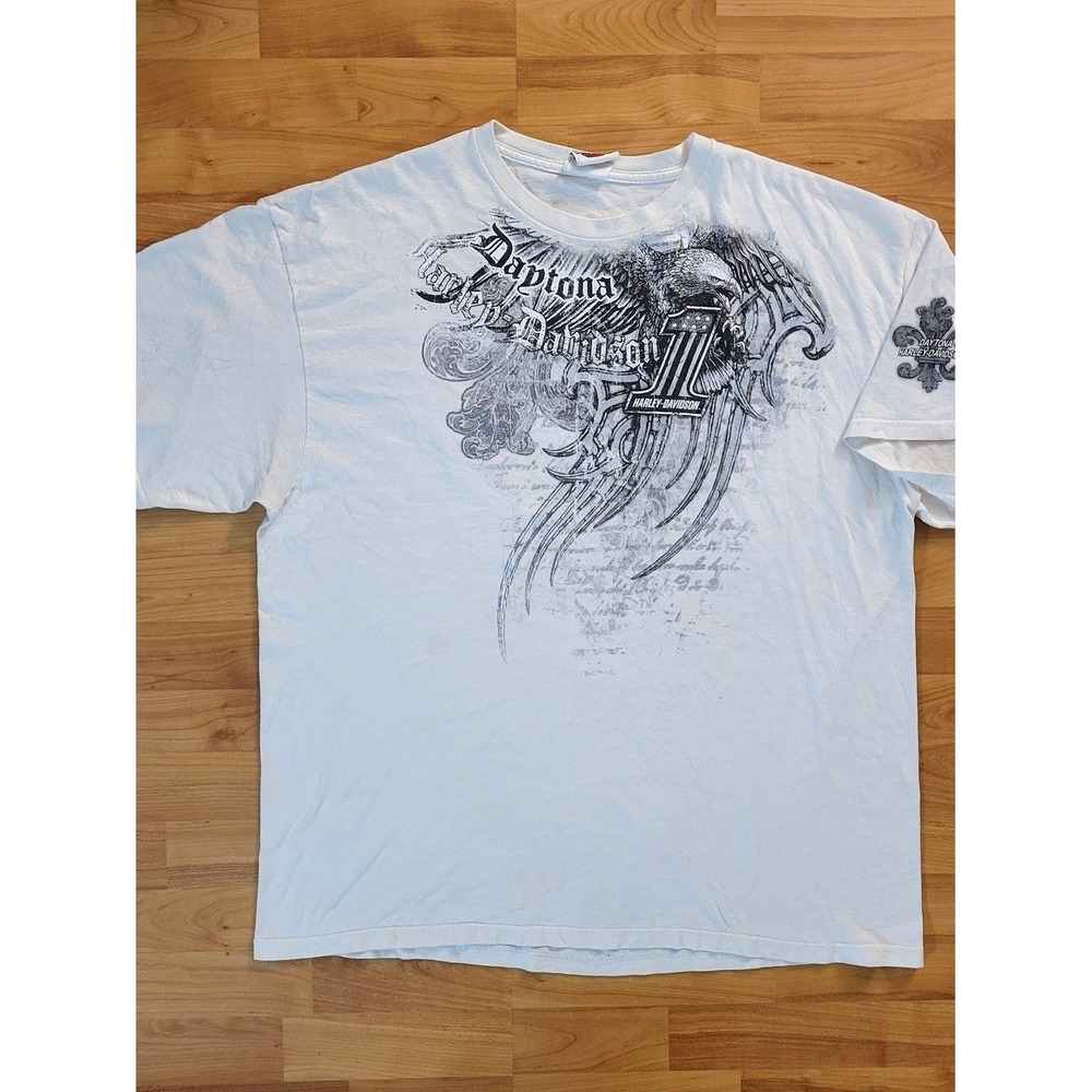 Harley-Davidson Y2K 2XL AOP Graphic 2012 White T-shirt Daytona Beach Eagle XXL